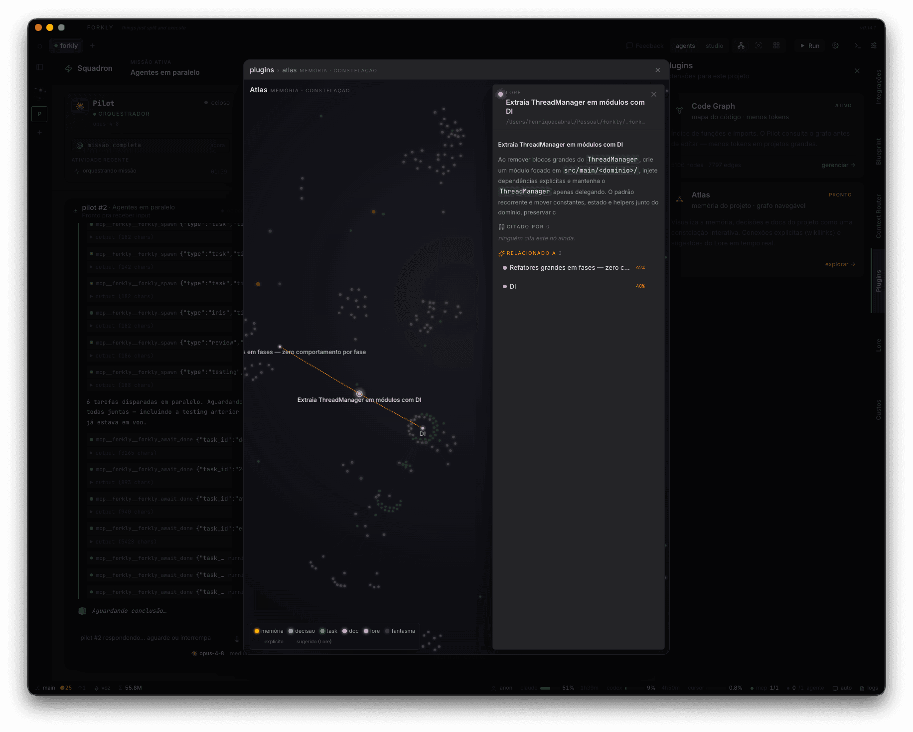 Grafo navegável do Atlas conectando memória, Lore e docs do projeto no Forkly